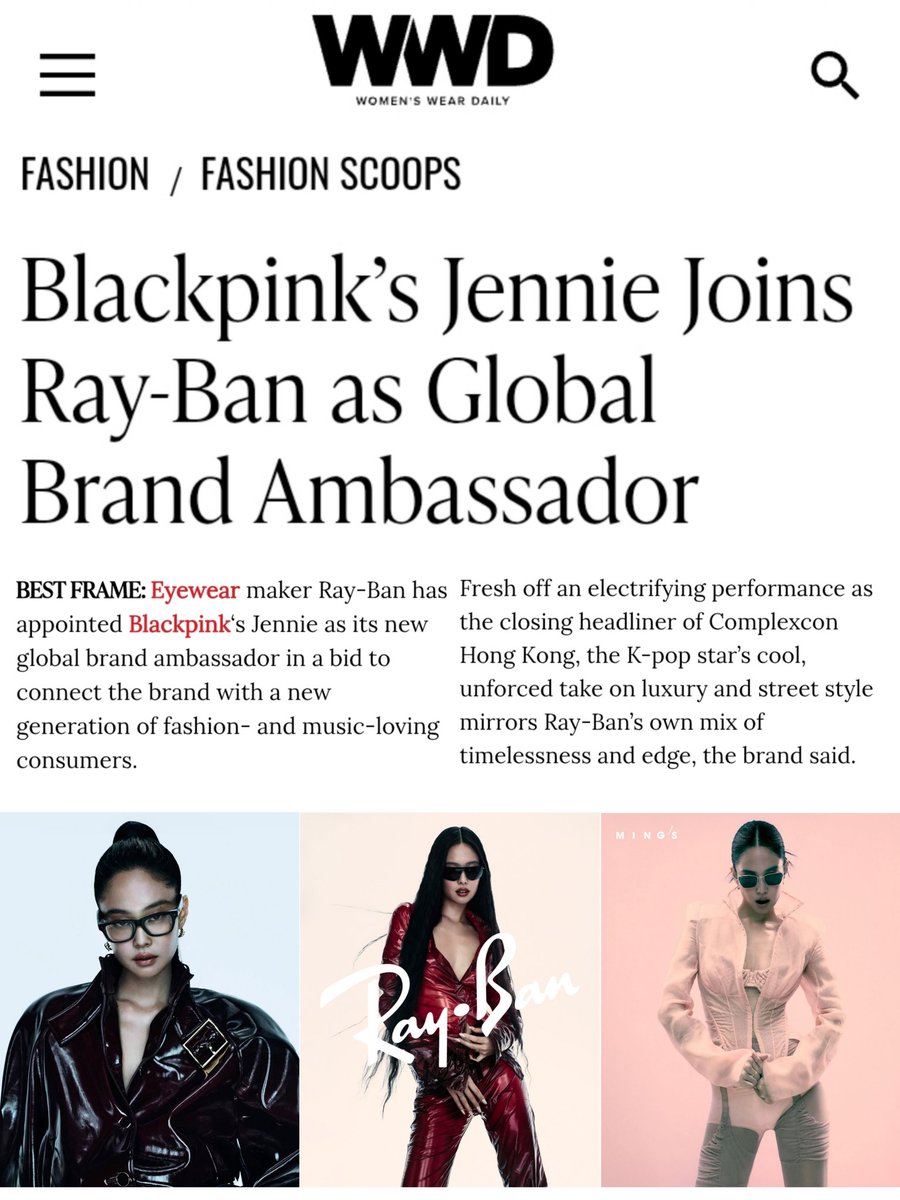 "Ray-Ban has appointed #JENNIE as its new global brand ambassador in a bid to connect the brand with a new generation of fashion- and music-loving consumers. the K-pop star’s cool, UNFORCED take on luxury and street style mirrors Ray-Ban’s own mix of timelessness and edge"