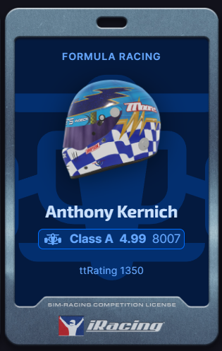 AntJKernich's tweet photo. woo finally got 8k on Formula Car #iracing #irating #simracing #milestone #gotthere https://t.co/vZ0PzJerkz