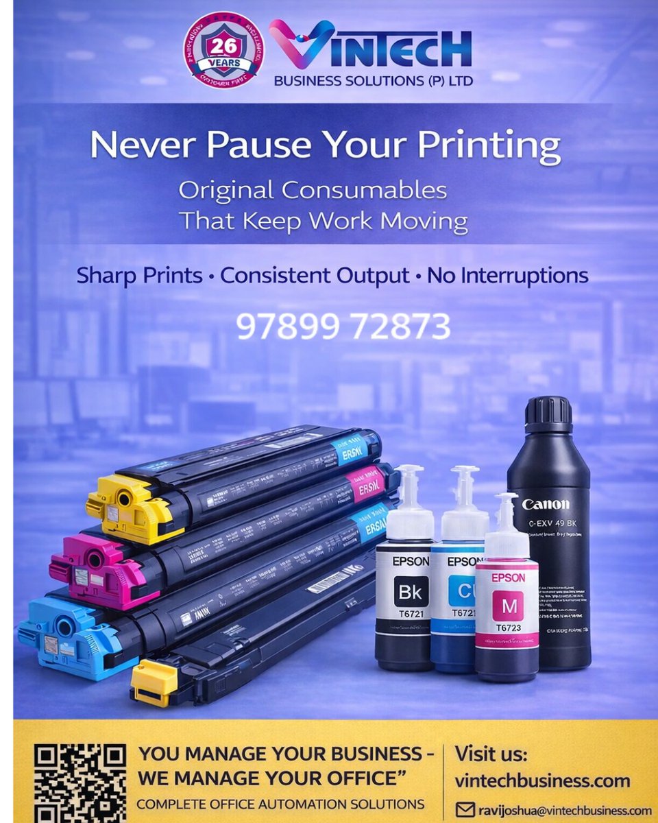 Vintechbspl's tweet photo. Work doesn’t stop. Your printing shouldn’t either.

📞 Contact 097899 72873 Today for a demo

#PrinterConsumables #OfficePrinting #TonerInk #BusinessSupport #ChennaiBusiness #PrintQuality #OfficeSupplies #VintechBusiness #SmoothWorkflow #ITSupportChennai https://t.co/ftyEbw7Fiu