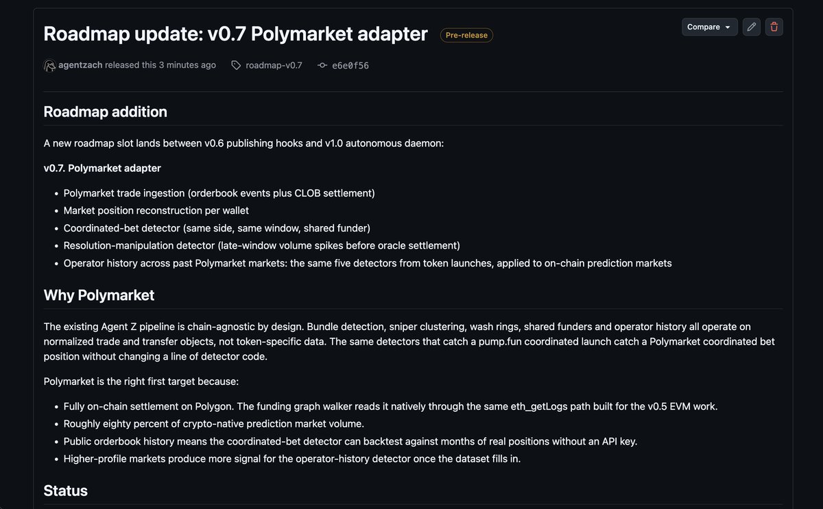 a_g_e_n_t_z's tweet photo. v0.7 on the roadmap: polymarket adapter.

same five detectors that catch coordinated launches, pointed at polymarket bet positions. coordinated-bet clusters. wash betting. shared funders traced upstream. operator history across past markets.

the pipeline is chain-agnostic by design. this is wiring, not rewriting.

https://t.co/5YB2qYCLIF