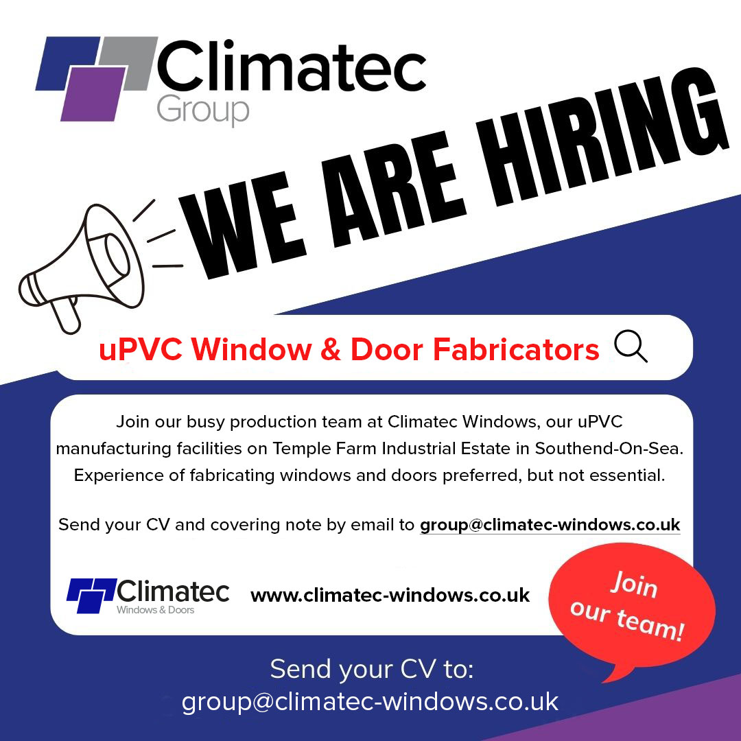 ClimatecHI's tweet photo. JOIN OUR TEAM  🎉
Climatec windows are recruiting WINDOW AND DOOR FABRICATORS to join our busy production team at our uPVC manufacturing facilities in Southend-On-Sea.

DAY SHIFT - Monday to Friday 7am to 4pm
NIGHT SHIFT - Monday to Thursday 2pm to 12.30am
#southend
#SouthendJobs https://t.co/t3OCMzSybI