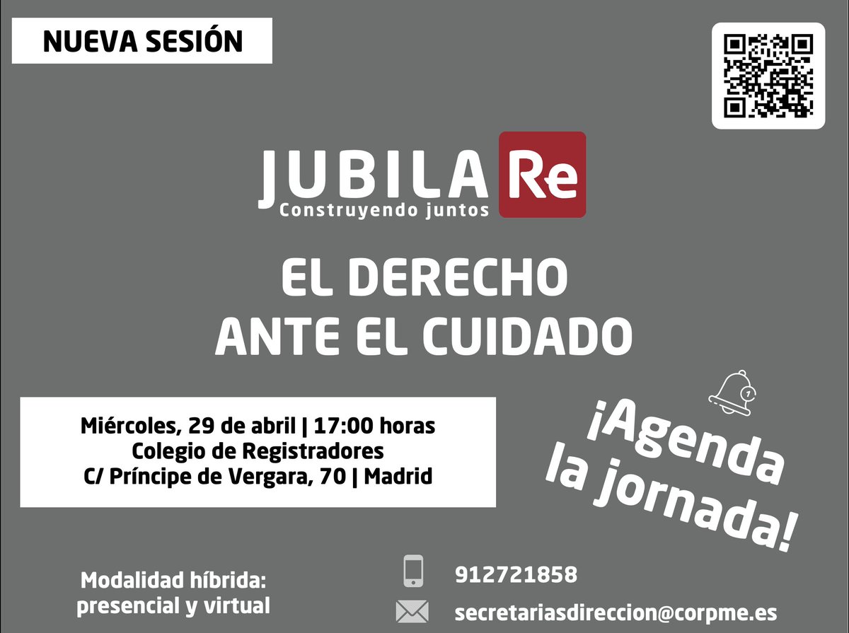 Registrador_es's tweet image. El miércoles 29 de abril a partir de las 17:00 horas, celebraremos en el Colegio de Registradores una nueva jornada #Jubilare: "El Derecho ante el cuidado".

registradores.org/jubilare
#SaveTheDate

Asistencia virtual:
teams.microsoft.com/dl/launcher/la…