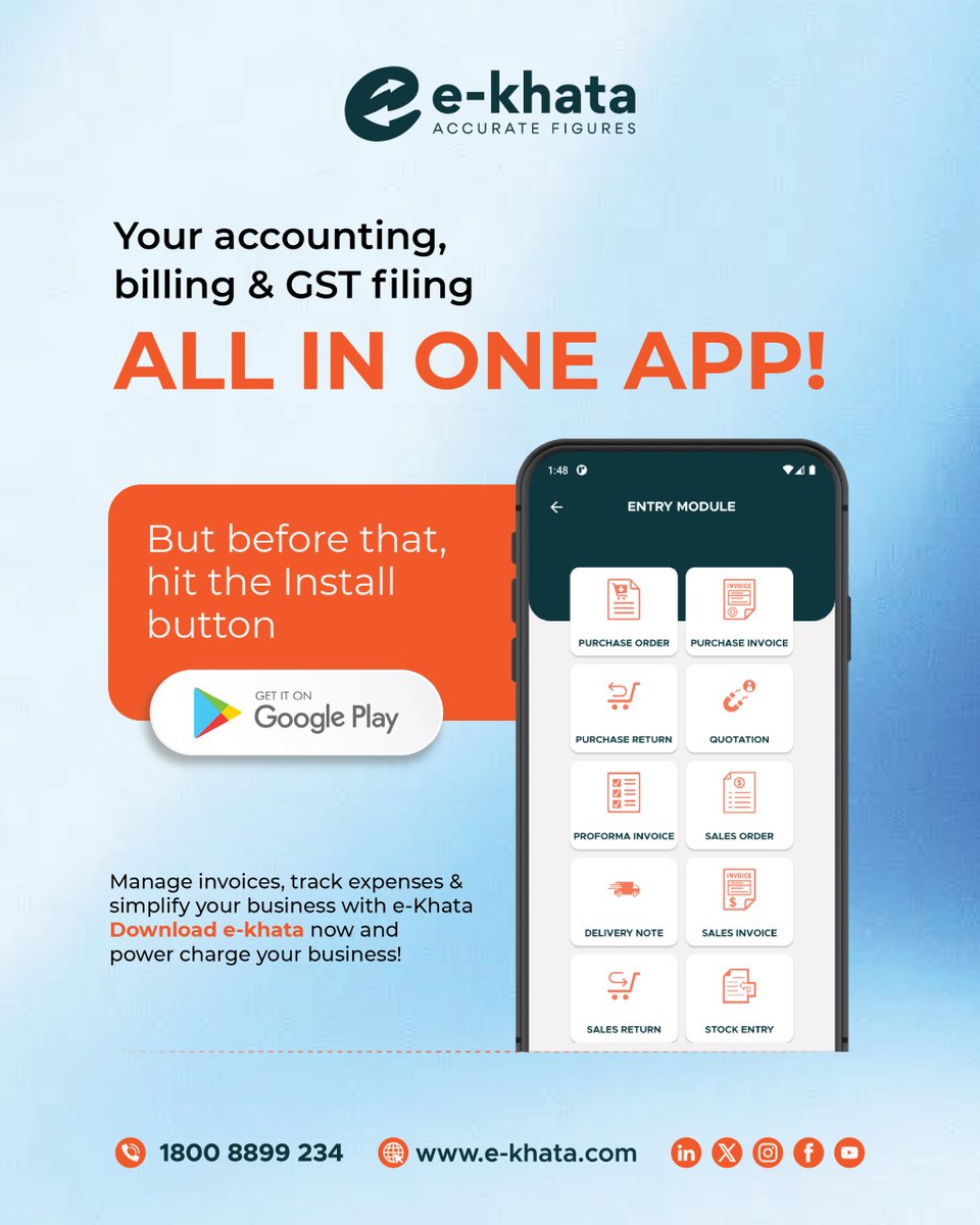 ekhataindia's tweet image. Why use multiple tools when #oneapp can do it all?

With #ekhata, manage accounting, #billing and #GST filing effortlessly - right from a single app.
Simplify your business operations and stay in control with accurate, real-time data.

👉Download now : play.google.com/store/apps/det…