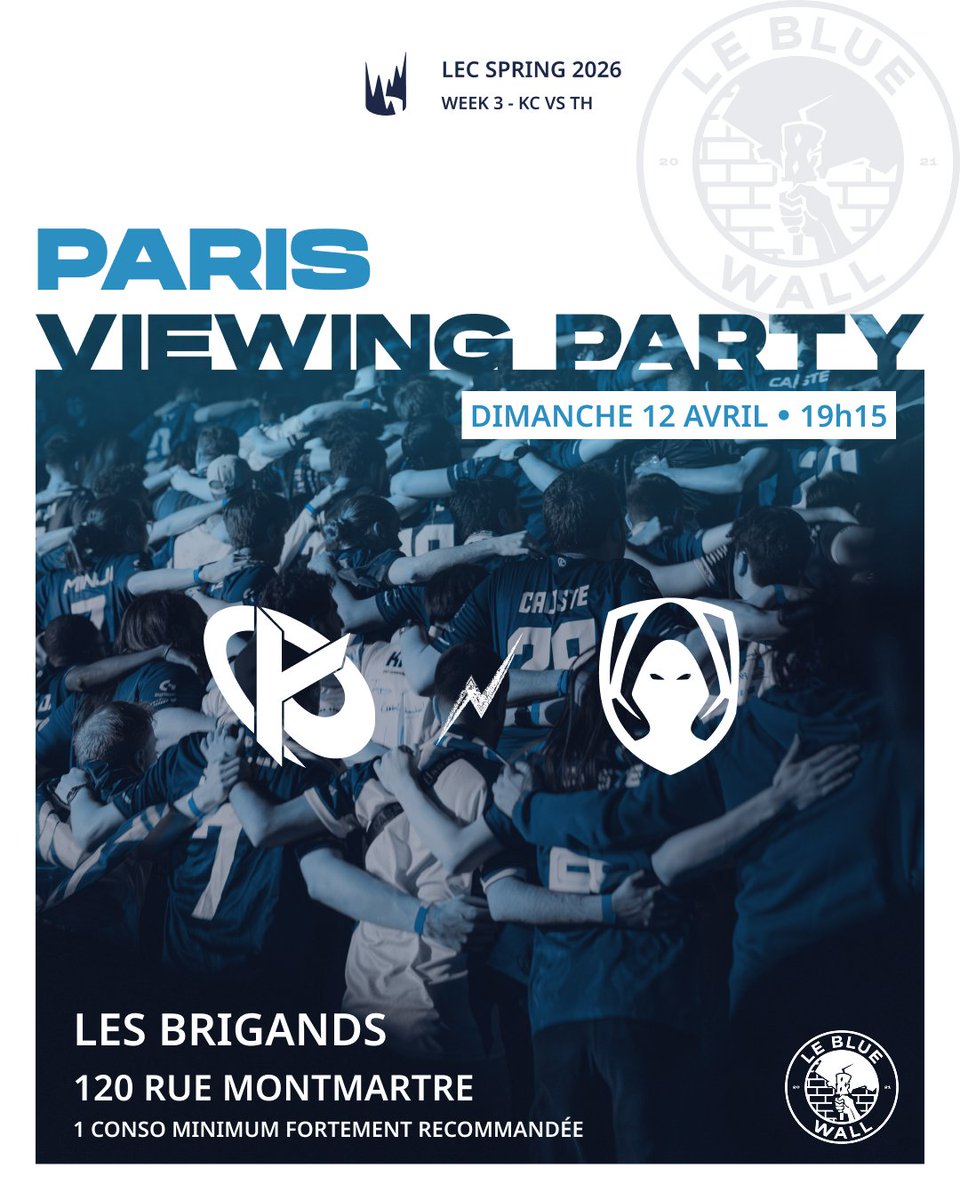 Helloooo ! 

RDV dimanche pour la week 3 LEC !  
On se retrouve chez Les Brigands pour l'occas' 😁 
On sera au positionné au rez-de-chaussée en priorité au fond du bar !  

🟦KC vs TH 
🗓️Dim. 12 avril à 19h15 
📍Les brigands, 120 Rue de montmartre, 75002 Paris  

#KCORP #KCWIN