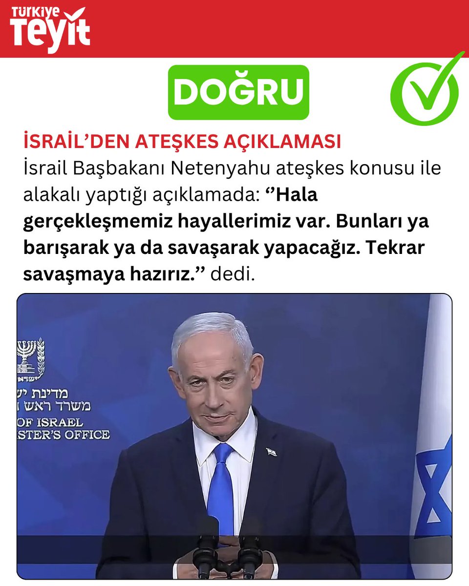 SDMhaber's tweet photo. İSRAİL’DEN ATEŞKES AÇIKLAMASI

İsrail Başbakanı Netenyahu ateşkes konusu ile alakalı yaptığı açıklamada: ‘’Hala gerçekleşmemiz hayallerimiz var. Bunları ya barışarak ya da savaşarak yapacağız. Tekrar savaşmaya hazırız.’’ dedi. https://t.co/R2ZEGIm67K