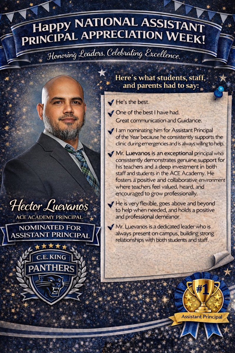 Howard_Educator's tweet photo. Let’s celebrate Patricia Alejandro STEAM Principal and Hector Luevanos-ACE Principal-These two beloved @KingHSPanthers Academy Principals inspire our students every day. https://t.co/ecOMsMnYzj