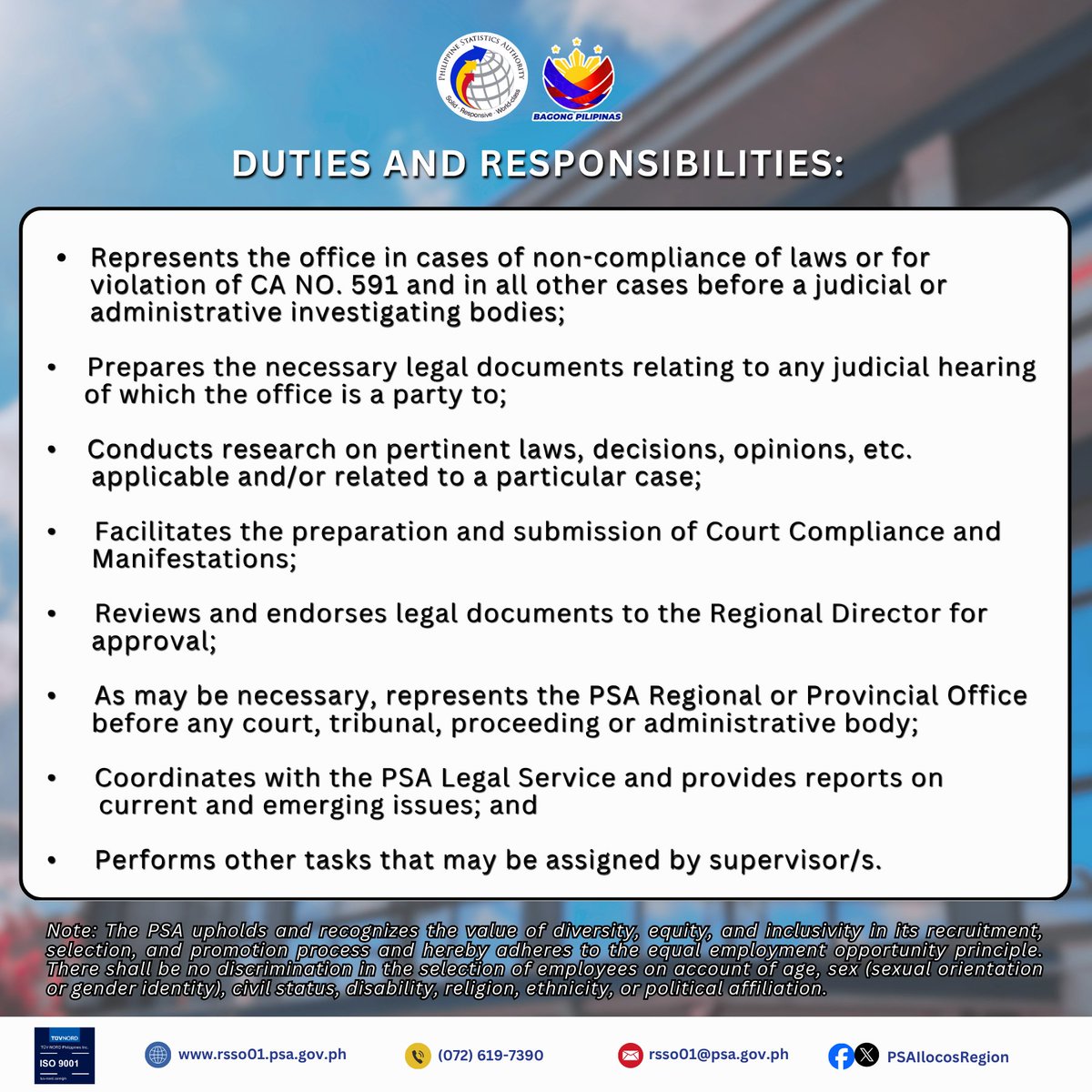 PSAIlocosRegion's tweet photo. 📣 𝐖𝐄 𝐀𝐑𝐄 𝐇𝐈𝐑𝐈𝐍𝐆! 𝐉𝐨𝐢𝐧 𝐭𝐡𝐞 𝐏𝐒𝐀-𝐑𝐒𝐒𝐎 𝟎𝟏 𝐅𝐚𝐦𝐢𝐥𝐲! 𝐖𝐞 𝐚𝐫𝐞 𝐥𝐨𝐨𝐤𝐢𝐧𝐠 𝐟𝐨𝐫 𝐨𝐧𝐞 (𝟏) 𝐀𝐭𝐭𝐨𝐫𝐧𝐞𝐲 𝐈𝐈𝐈 (Contract of Service Worker)  

𝐃𝐄𝐀𝐃𝐋𝐈𝐍𝐄 of submission: 𝟏𝟗 𝐀𝐩𝐫𝐢𝐥 𝟐𝟎𝟐𝟔 https://t.co/m0w5kFZwZh
