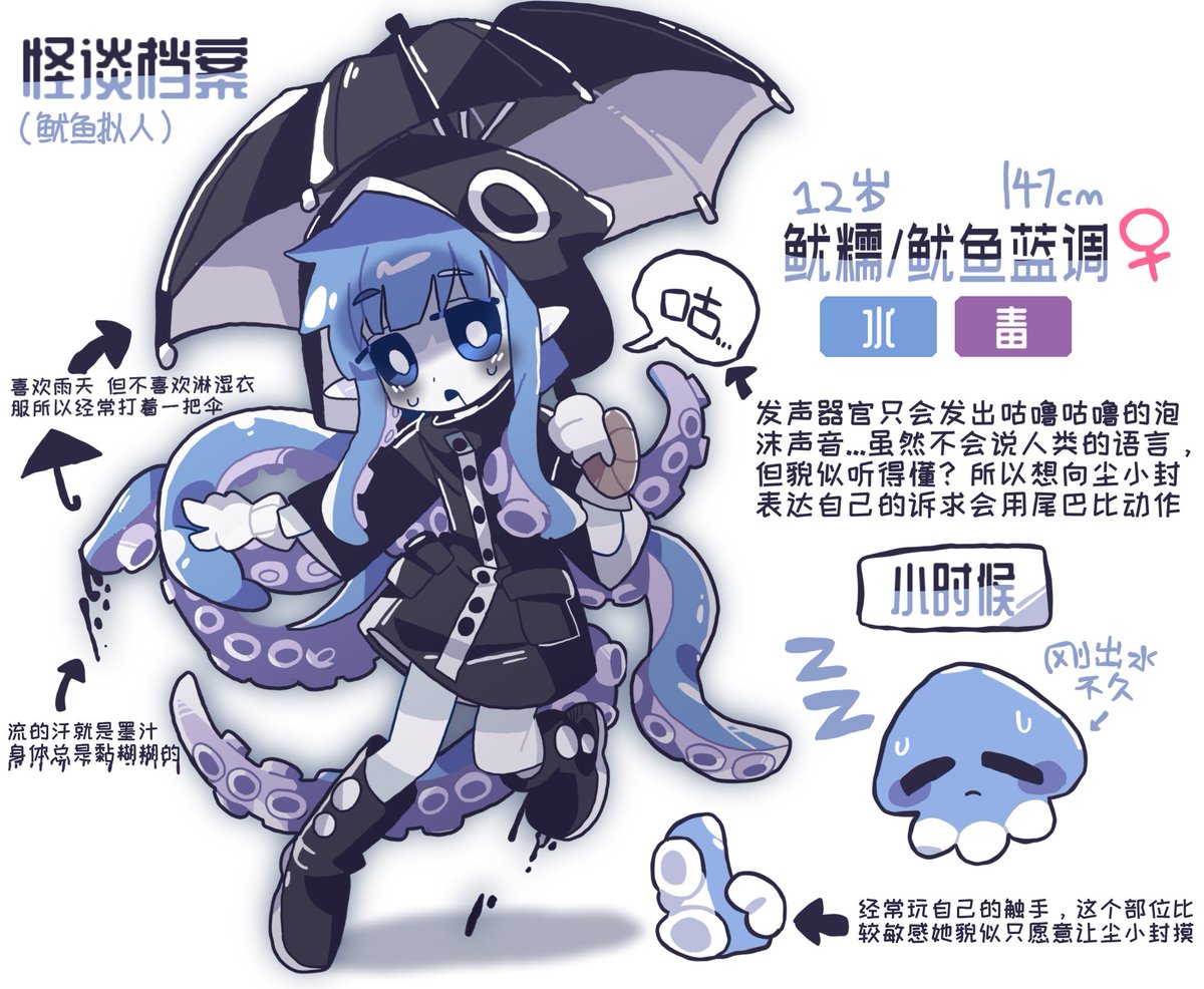CXFpuppet's tweet photo. 我的怪谈档案世界观OC:
鱿糯（鱿鱼蓝调） 是一只蓝鱿鱼拟人设，尘小封的爱宠，经常被当成妹妹，她也很喜欢尘小封。

经历:貌似尘小封在小时候在某个岛国核污水海滩附近救了一只溺水的蓝色鱿鱼，被尘小封带回了家收养。当时还是一只小蓝鱿鱼的鱿糯大为感动，暗自发誓一定要好好报答这一位主人

#oc https://t.co/FCqH7EUCje