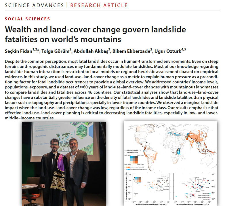 TolgaGorum's tweet photo. Understanding why landslides turn deadly is one of the most pressing challenges in our field.

Our recent study https://t.co/4HRqMo2qqj, “Wealth and land-cover change govern landslide fatalities on world’s mountains,” highlights a critical insight: contrary to common assumptions, fatal landslides are not driven solely by natural factors. Instead, human-induced land-use and land-cover change play a dominant role—often outweighing topography and precipitation, particularly in lower-income countries. This work provides a rare global perspective, built on ~60 years of data across 46 countries, and emphasizes the urgent need for better land-use planning to reduce disaster risk.

What makes this study especially meaningful to me is the journey behind it.

This publication is rooted in the outstanding doctoral research of my PhD student Seçkin Fidan @seckinnfidan. His dissertation represents a major and highly impactful contribution to our understanding of landslide risk in human-modified environments. The depth, persistence, and scientific rigor he has demonstrated throughout this process are truly remarkable, and this paper is only one of several high-quality outputs emerging from his work.

I would also like to acknowledge the valuable contributions of our co-authors @AbdullahAkbas_, @Bikem71  Ekberzade, and Uğur Öztürk, who supported and enriched Seçkin’s thesis work. And most importantly, my deepest gratitude goes to @davepetley , whose dataset made this study possible.

For Seçkin (@itu1773en and @AnkaraUni), this is just the beginning. His scientific journey is only now gaining momentum, and I have no doubt that he will go on to achieve exceptional things in the years ahead.

Proud to be part of this work—and even prouder to see the next generation pushing the boundaries of our field.