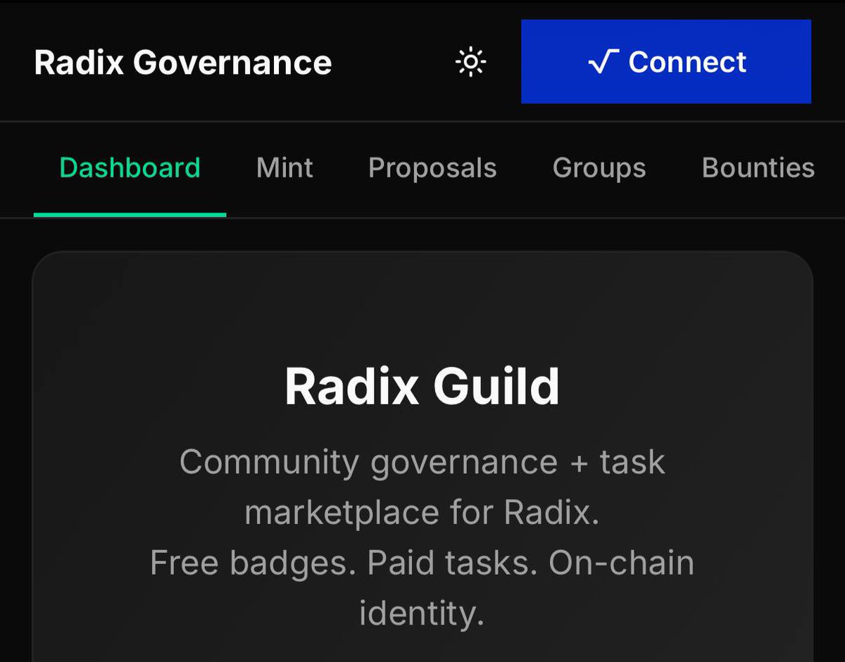 radixeco's tweet photo. Introducing Radix Guild – a community governance and task marketplace on Radix. Free badges. Paid tasks. On-chain identity.

🔗 https://t.co/MEVIjeuxWj
💬 https://t.co/nzYGHZfVR9 https://t.co/vpARDbTNOP
