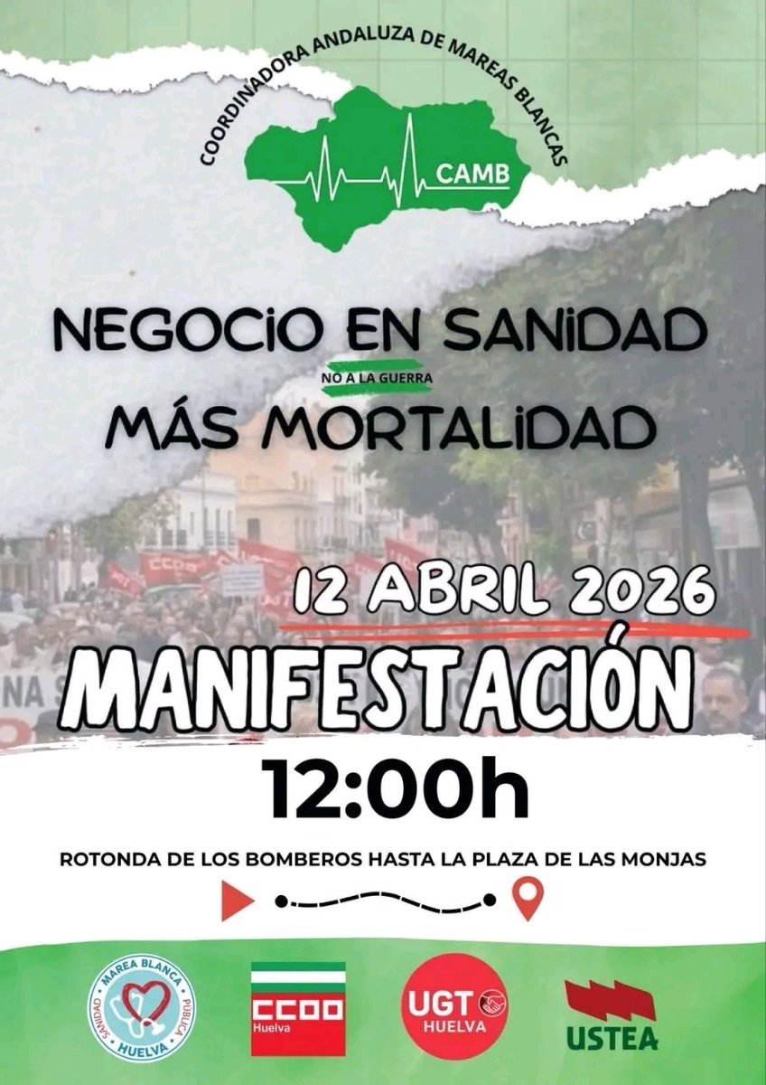 12 de abril salimos a defender la sanidad pública
💚 No al negocio con nuestra salud
💚 Sí a una sanidad digna y para todos
🕛 12:00h
📍 De la Rotonda de los Bomberos a Plaza de las Monjas
✊ ¡Participa!
#SanidadPública #MareaBlanca #Huelva