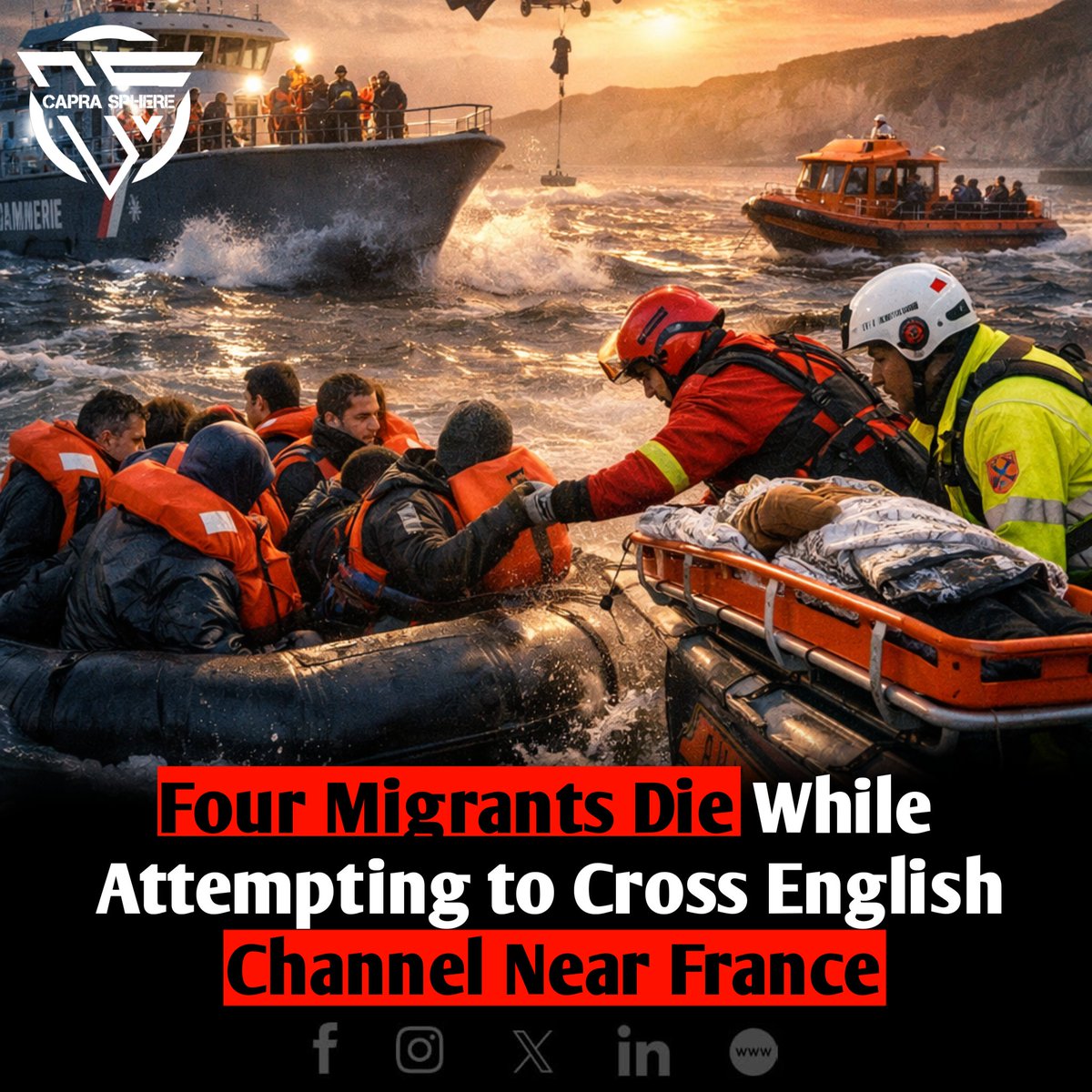 Caprasphere's tweet image. Tragic incident off northern France: 2 men &amp;amp; 2 women drowned trying to cross the English Channel via a "water taxi." 1 rescued, 37 hospitalized. Experts link rise in crossings to calmer seas &amp;amp; new smuggling tactics. 

#EnglishChannel #FranceNews #MigrationCrisis #WorldNews