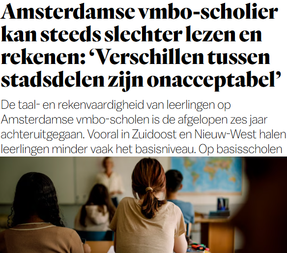 Matthijs85's tweet image. Op vmbo-scholen daalt het niveau; vooral in Nieuw-West en Zuidoost parool.nl/amsterdam/amst…

Hoe vindt u zelf dat het gaat met 'ongelijk investeren voor gelijke kansen'? 🤔 #Amsterdam #onderwijs