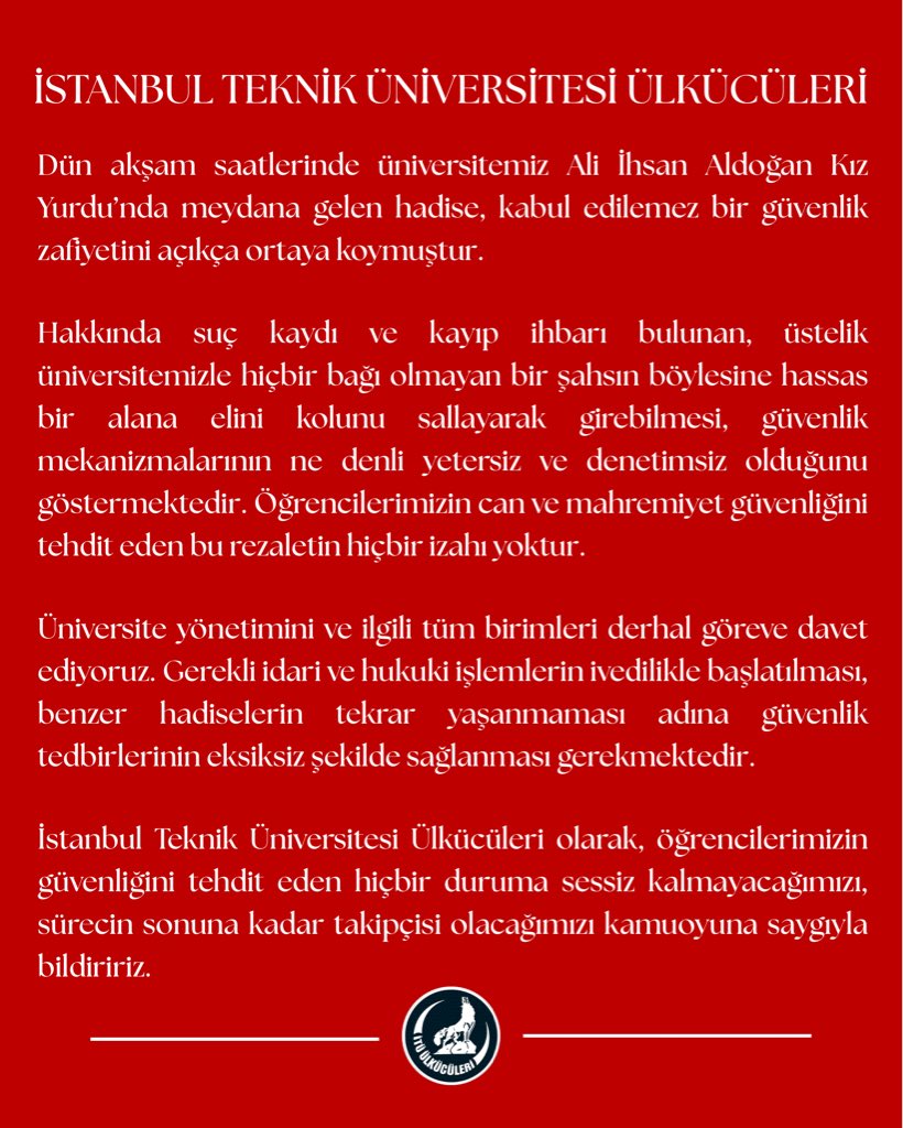 İstanbul Teknik Üniversitesi Ülkücüleri’nin gündeme dair kamuoyu açıklamasıdır.