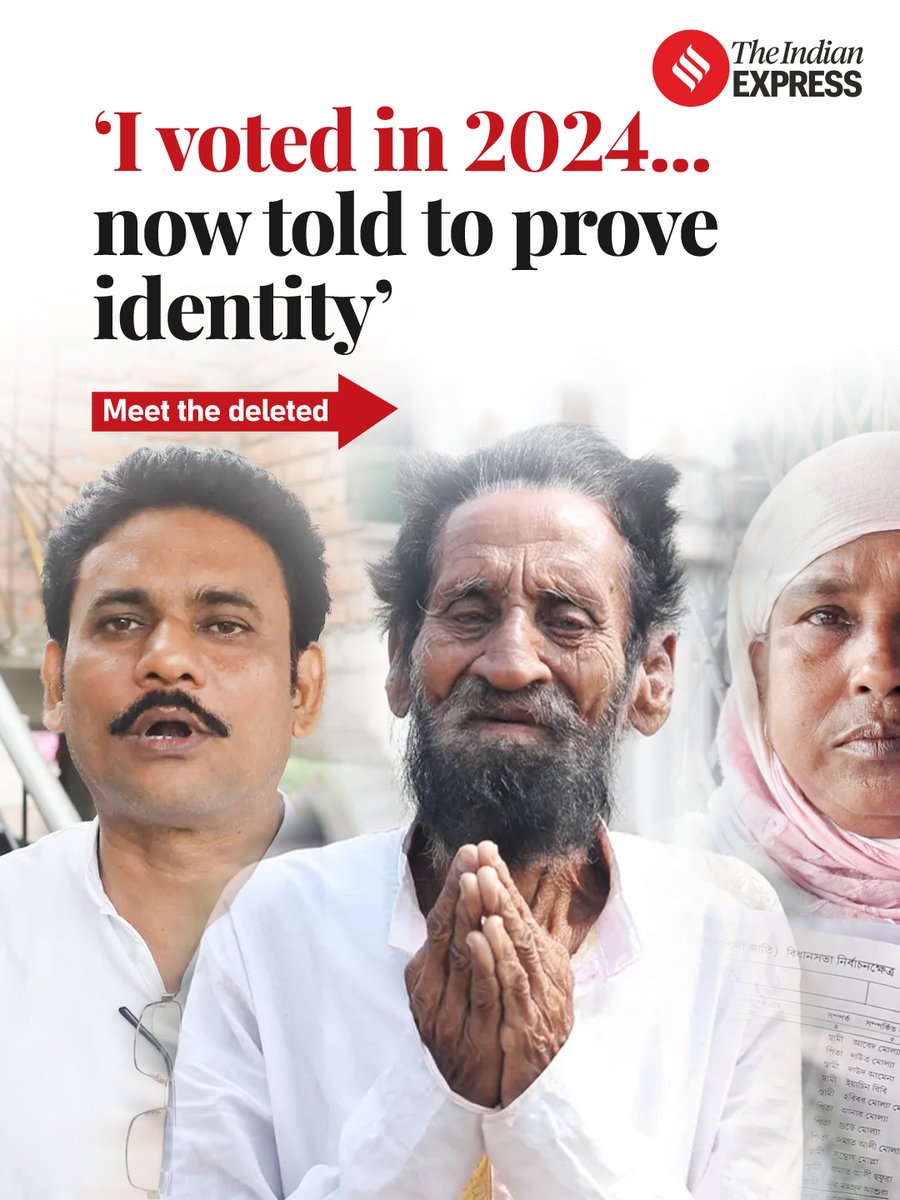 IndianExpress's tweet image. Over 27 lakh names have been marked “deleted” from electoral rolls in West Bengal out of more than 60 lakh entries under adjudication, according to the Election Commission of India. Among those affected are individuals who cast their votes in the 2024 elections but now find