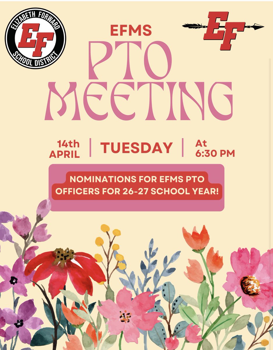 EFMSWarriors's tweet photo. EFMS PTO Mtg. on Tues. 4/14 @ 6:30pm in the iCreate Studio! Nominations for the 2026-2027 EFMS PTO Officers Will Take Place. JOIN OUR TEAM! https://t.co/SR3uooe4Da
