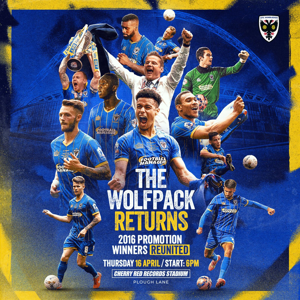 AFCWimbledon's tweet photo. There’s just ONE week to go until the return of the Wolfpack, which brings together AFC Wimbledon’s promotion-winning squad of 2016! 🏆

🗓️ Thursday 16 April
⏰6pm start
🏟️ 1889 Lounge at the Cherry Red Records Stadium
🍛 Tickets include curry &amp; a drink - buy below

#AFCW 🟡🔵