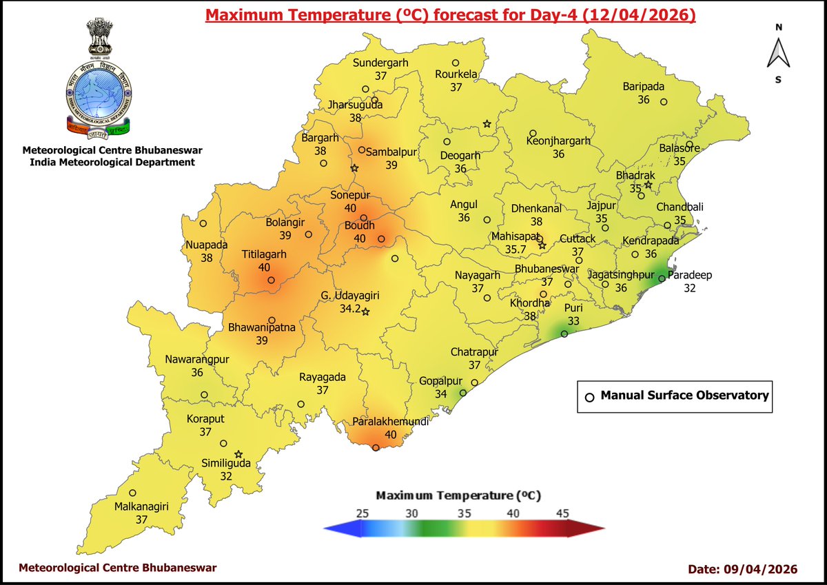 mcbbsr's tweet image. Maximum Temperature Forecast for next 5 days #Odisha #hot #temperature