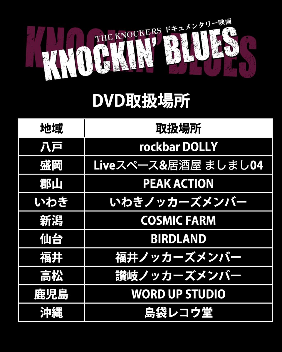 【映画『KNOCKIN’ BLUES』】
DVD通販開始のお知らせです！

一部店舗・ディストロにてお買い求めいただけますため、通販だと送料もかかるためそちらも参考いただけましたら！(写真2枚目)
アツシさんの名もないツアー2026でも取り扱っていただいてます！

nom24films@gmail.com