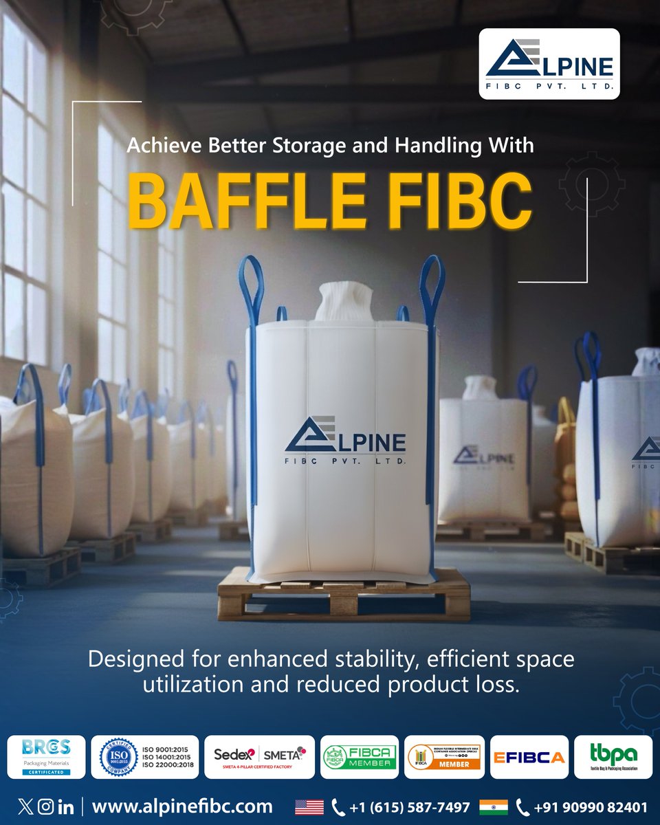 alpinefibc's tweet photo. A smarter solution for safer and more efficient bulk packaging.

📞 90990 82401 | USA +1 (615) 587-7497
📧 sales@alpinefibc.com
🌐 https://t.co/p5tzpf9Qih

#AlpineFIBC #BaffleFIBC #BulkPackaging #IndustrialPackaging #StorageSolutions #BulkHandling #Logistics #Manufacturing https://t.co/pSgx9OB9MY