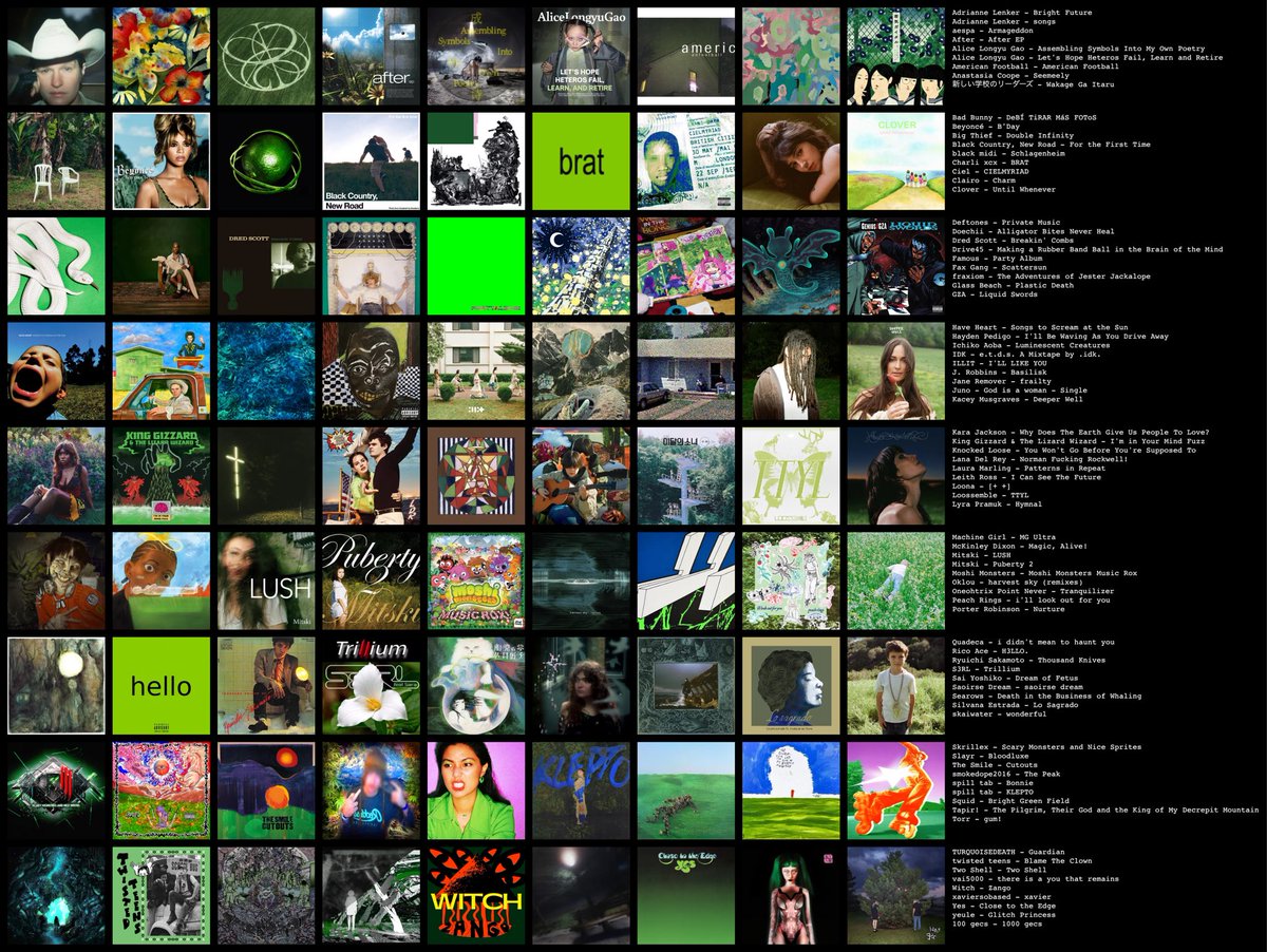 Made a huge green #topster just for fun !
Not all my favourite stuff but I have some level of appreciation for everything here. What am I missing?
#musictwt #colourtwt