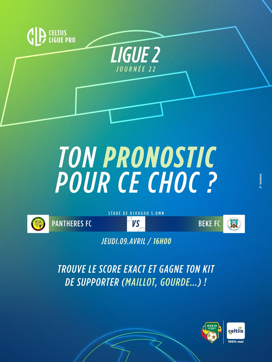 ⚽ Jour de match 

Les Panthères FC affrontent Béké FC pour la 22ᵉ journée de la Ligue 2 de la Celtiis Ligue Pro 

Qui sortira victorieux ? 

Donne le score exact en commentaire et tente de gagner un kit supporter 

⏰ Fin du jeu : Jeudi 09 avril à 16h00

🏆 Le premier à trouver
