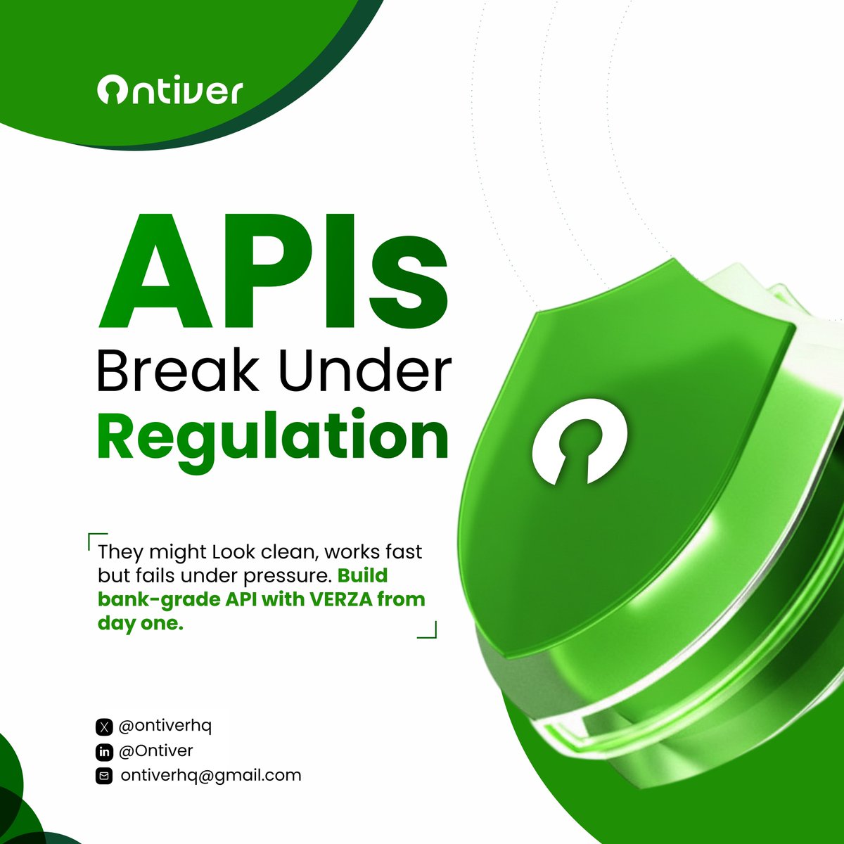 Ontiverhq's tweet photo. Nigerian banks keep getting breached.

The post-mortem is always the same, the infrastructure wasn't built for this.

Speed over compliance. No audit trails. Weak verification. Data handling that collapses the moment a regulator shows up.

Nobody notices until millions are gone with no trace.
Bank-grade infrastructure isn't faster. It's safer. Not simpler. Traceable. Not just functional. Trustworthy.
APIs are financial infrastructure now. They need to be built like it.

I wrote about exactly why  and what it actually takes to fix it.
Read the full article → https://t.co/B5ewEzedvf

@ontiverhq is building to that standard.

#Fintech #Nigeria #KYC #Compliance #CyberSecurity #Regtech #StartupAfrica #BuildInPublic