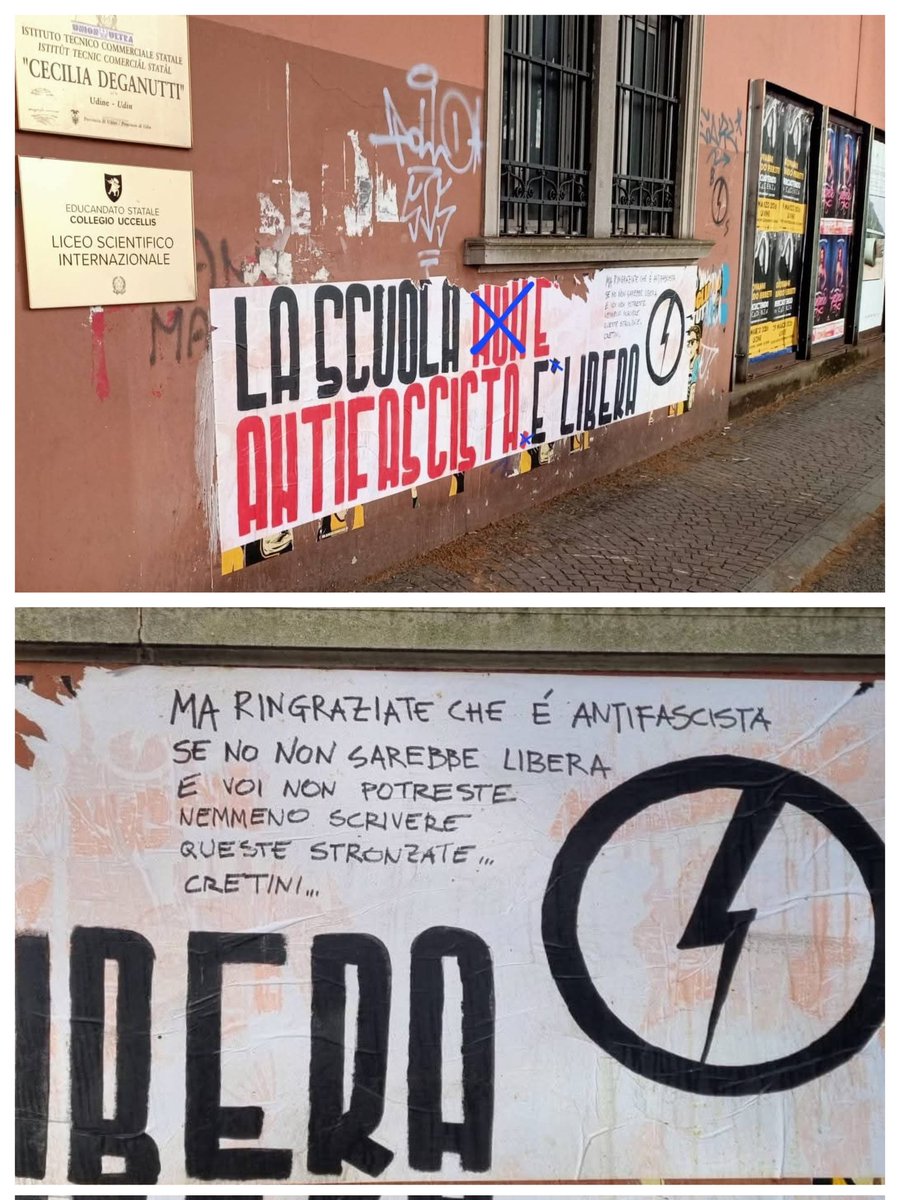 AlekosPrete's tweet photo. Lo striscione dei fascistelli di Blocco Studentesco davanti all’Istituto Deganutti di Udine.

Grazie a chi ha reagito subito. La scuola italiana è antifascista. Chi dice il contrario farebbe bene a studiare la Costituzione. #matrice https://t.co/63zLTc3NW1