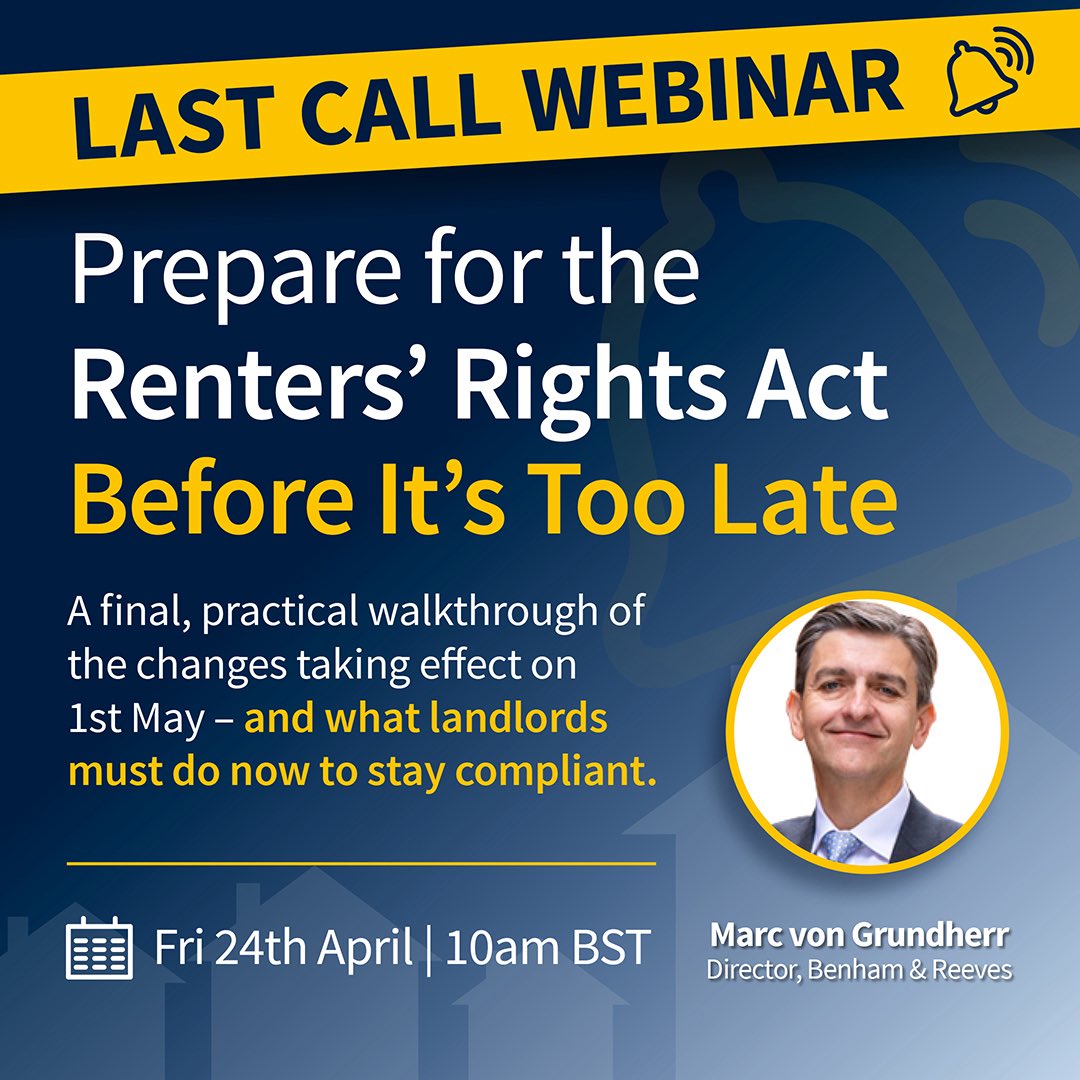 benhamandreeves's tweet image. Renters’ Rights Act Webinar: What Landlords Must Know

This urgent webinar will give you a clear, practical understanding of what’s changing. 

📅 Friday, 24 April
⏰ 10:00 AM (BST)

us02web.zoom.us/webinar/regist…

#UKPropertyMarket #LandlordLife #PropertyInvesting #UKHomes