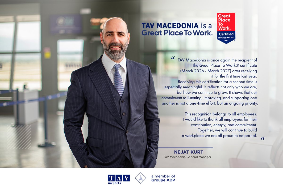 skopjeairport's tweet image. We did it again! 🎉 
TAV Macedonia is officially a Great Place To Work® for the 2nd year in a row—thanks to our incredible teams @skopjeairport and @ohridairport! 💛 

#GreatPlaceToWork #ProudMoment