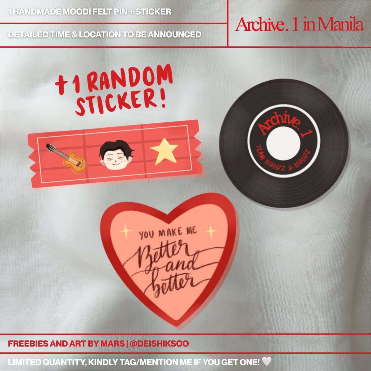 ★ #Archive1_in_Manila Freebies ★
by <a href="/deishiksoo/">mars ☾</a>

☆ handmade moodi felt pin + 1 random sticker 
☆ rt and likes are appreciated; follow for time and loc updates! 
☆ open to trades
☆ just find me and say hi!

further details in the pics! 
see you ph moodz!! (˶◜ᵕ◝˶)

#WOODZ
