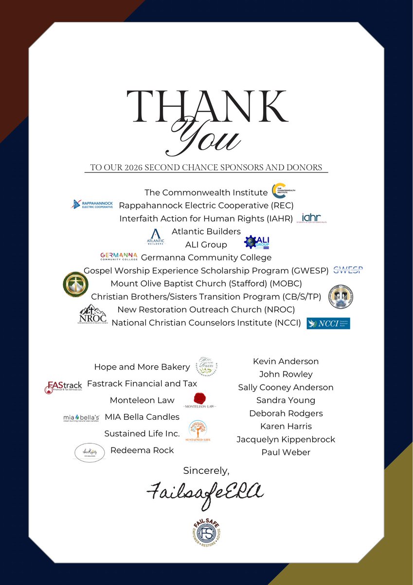 FailSafe_ERA's tweet photo. We are just a few days away from our Second Chance Hall of Change Gala! Thank you to our supporters and team for making it happen. So exciting!!!

A very special thank you to our 2026 Second Chance Sponsors and donors

#SecondChanceGala #HallOfChange #FailsafeERA #SecondChances https://t.co/qsCm6mNO9K