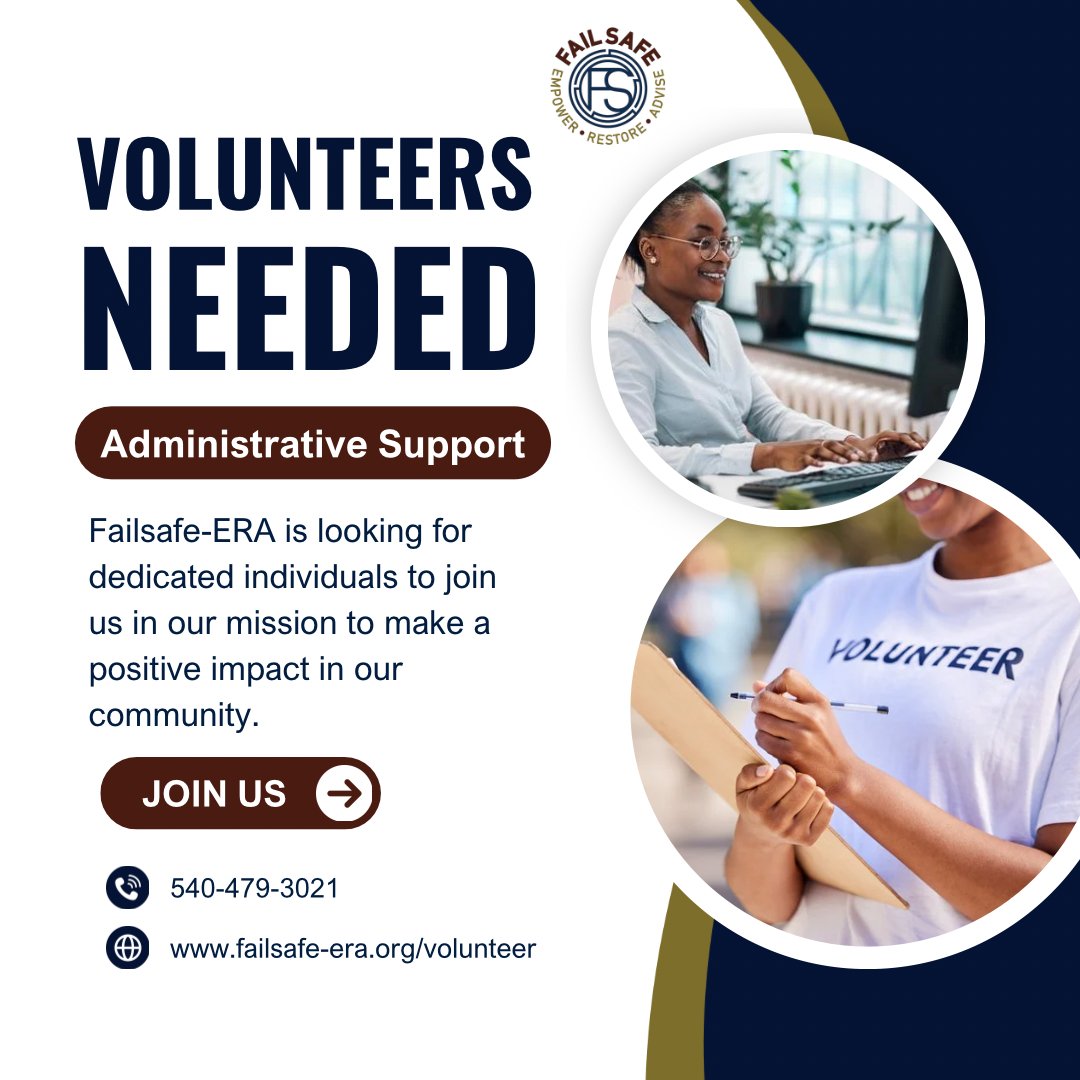 FailSafe_ERA's tweet photo. We’re seeking dedicated volunteers to assist with administrative tasks and help support the work we do in our community. Join us and be part of something that matters!

#FailsafeERA #SocialImpact #GiveBack #BeTheChange #Volunteer https://t.co/r9FSCKPMMf
