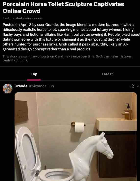 DegennDan's tweet photo. Today is National Unicorn Day and we have a SUPER viral meme of a Porcelain Horse as a Toilet 🤣🤣

5.6m views in a single day

https://t.co/xQ9prceNrK

If there was a day to send a a viral horse meme, it would be today! https://t.co/TBJRQ5ExZn