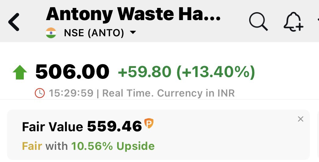 ritikgpt22's tweet image. List of 7 #stocks (TOP GAINERS TODAY) with their Fair Values

1/ Antony Waste Handling #awhcl