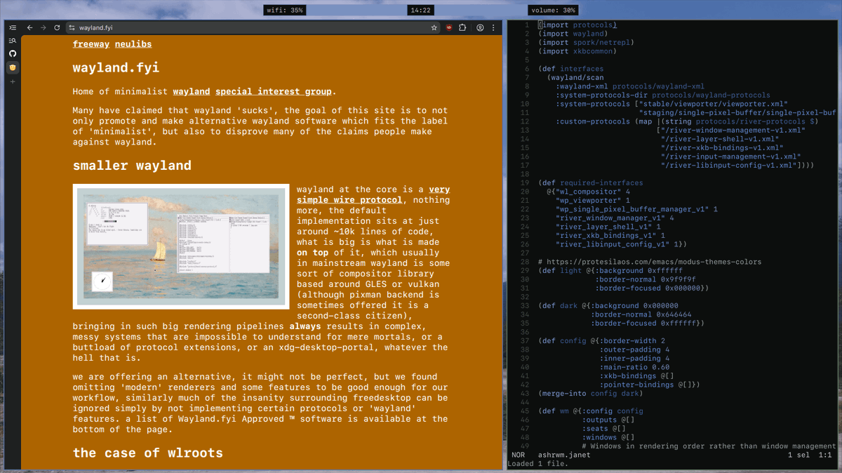 bot_unixporn's tweet image. [OC] [ashrwm] - a minimal, dynamic tiling WM written in Janet
Link: redd.it/1sglryy

#unixporn #linux #screenshot