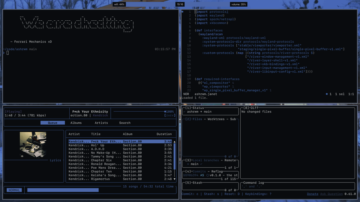 bot_unixporn's tweet image. [OC] [ashrwm] - a minimal, dynamic tiling WM written in Janet
Link: redd.it/1sglryy

#unixporn #linux #screenshot