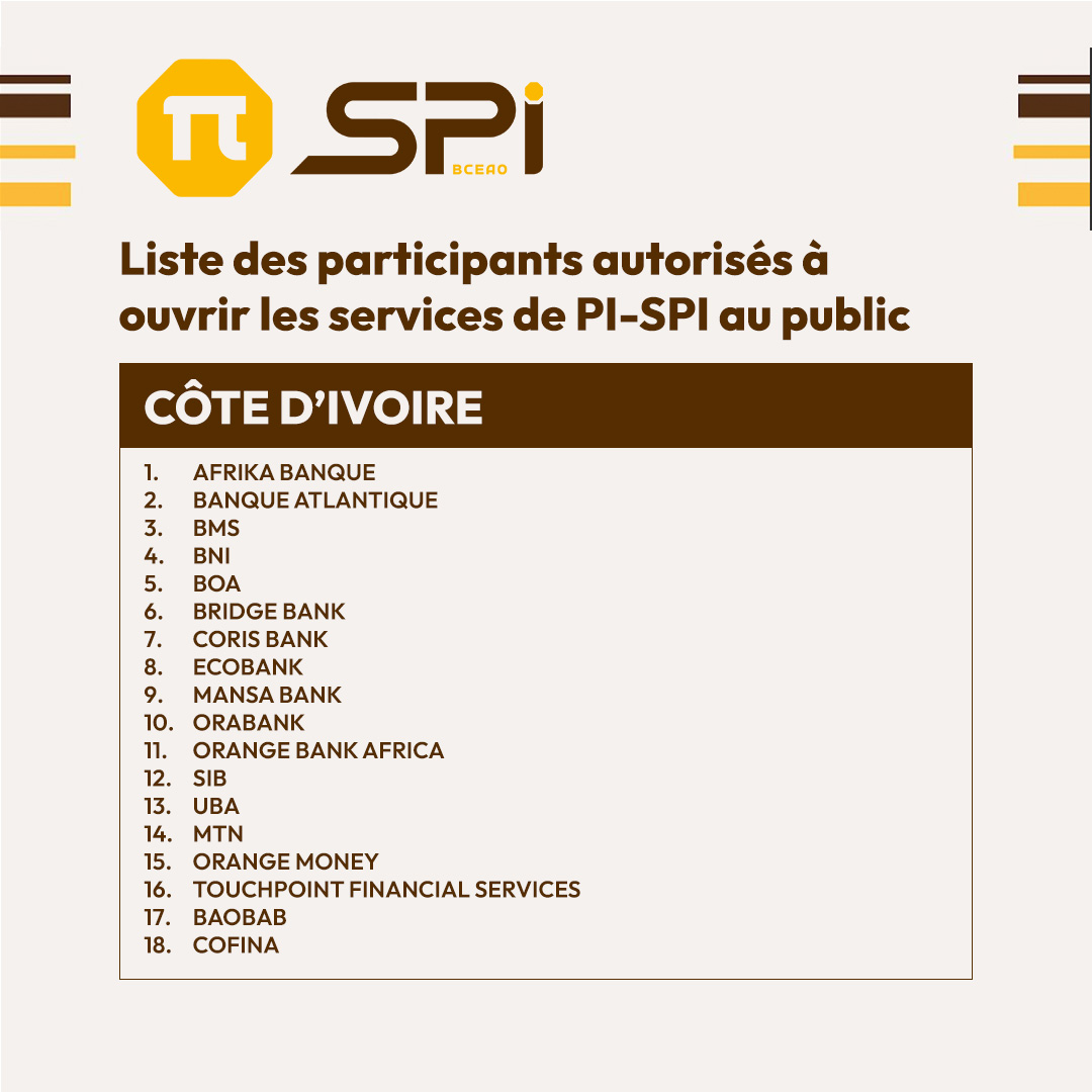 pi_spi_bceao's tweet photo. La #BCEAO accélère la transformation des paiements dans l’UEMOA avec le lancement de #Pispi .
Disponible 24h/24 et 7j/7, cette plateforme permet des paiements instantanés, accessibles et sécurisés entre banques, institutions de microfinance et services de mobile money. https://t.co/aYi9Y7tcAc