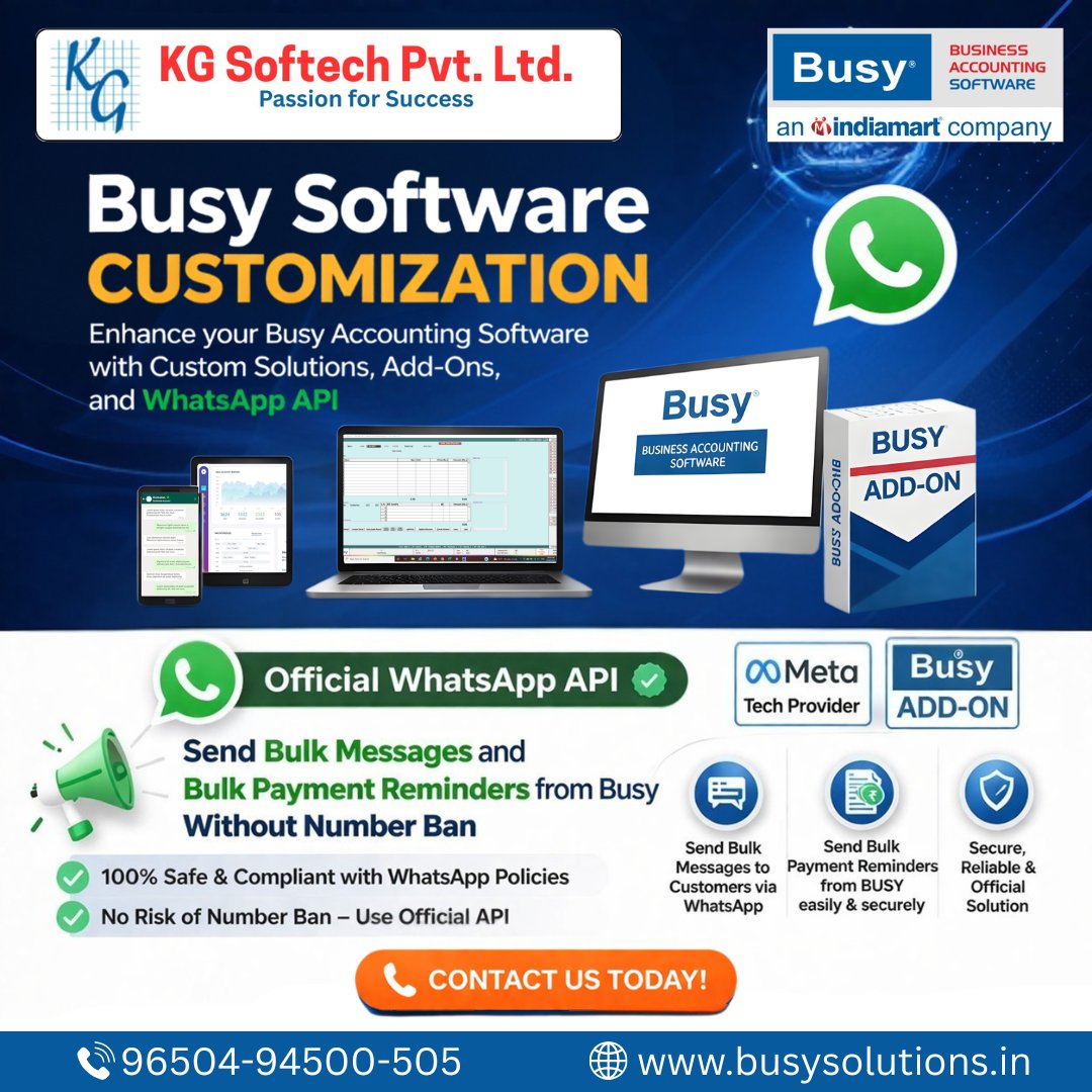 kgssofficial's tweet photo. Upgrade your business operations with powerful Busy Software Customization π
πΌ Smart Solutions | π² Better Communication | π 100% Secure
π Get started today!
Call: 96504-94500-505
#BusySoftware #BusinessAutomation #WhatsAppAPI #DigitalTransformation #AccountingSoftware https://t.co/InfR61rSbr