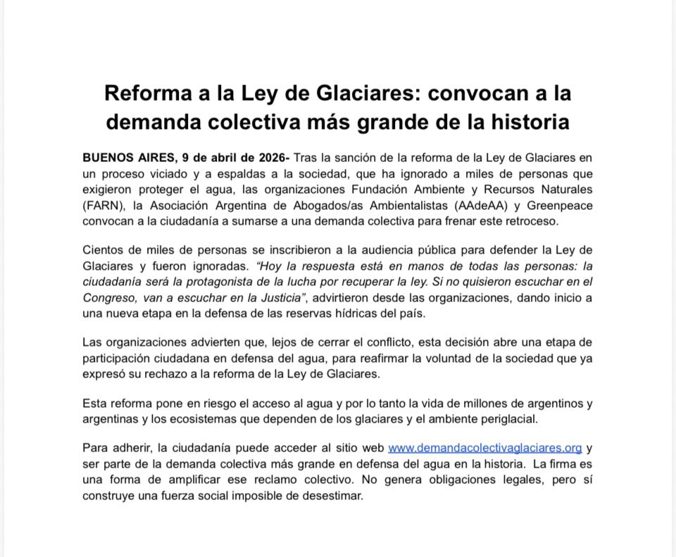 LEY DE GLACIARES: Greenpeace y otras fundaciones/ organizaciones ambientalistas convocan a una demanda colectiva para judicializar la norma que se aprobó esta madrugada en Diputados.