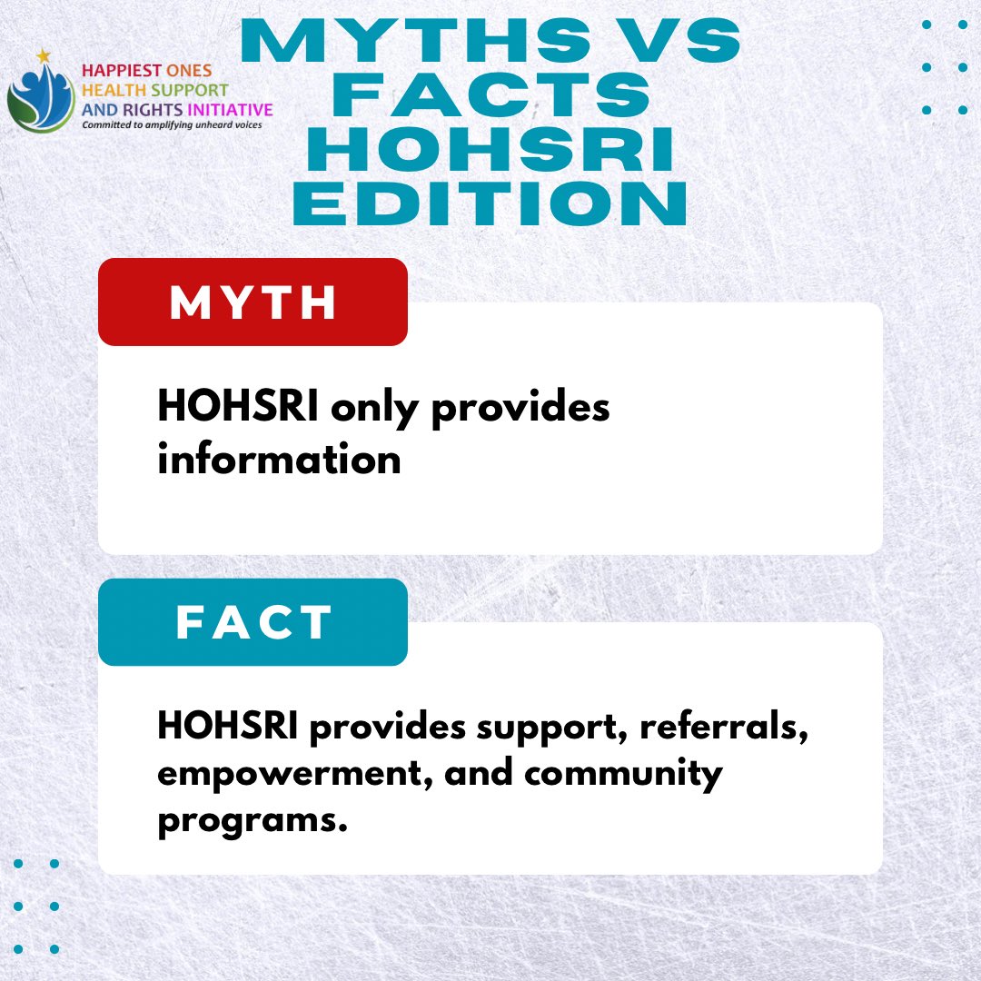 happiest_ones's tweet photo. MYTHS vs FACTS: HOHSRI ✨

There are many misconceptions about who we are and what we do. Today, we’re setting the record straight.

At HOHSRI, we stand for inclusion, health, dignity, and community empowerment. 

Stay informed. Stay empowered. Stay connected. 💙 https://t.co/mBcr6CCwwY