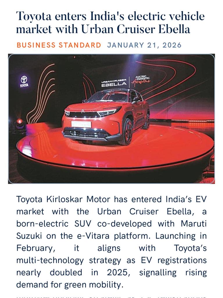 zahidpatka's tweet image. PM @narendramodi Ji Govt 
#MakeInIndia #MakeForWorld 
#GoGreen
INDIA TO BE TOYOTA GLOBAL MANUFACTURING HUB 
Toyota EV journey in India takes a big step Forward !
enters India's electric vehicle market with Urban Cruiser Ebella 
business-standard.com/companies/news…
@PMOIndia