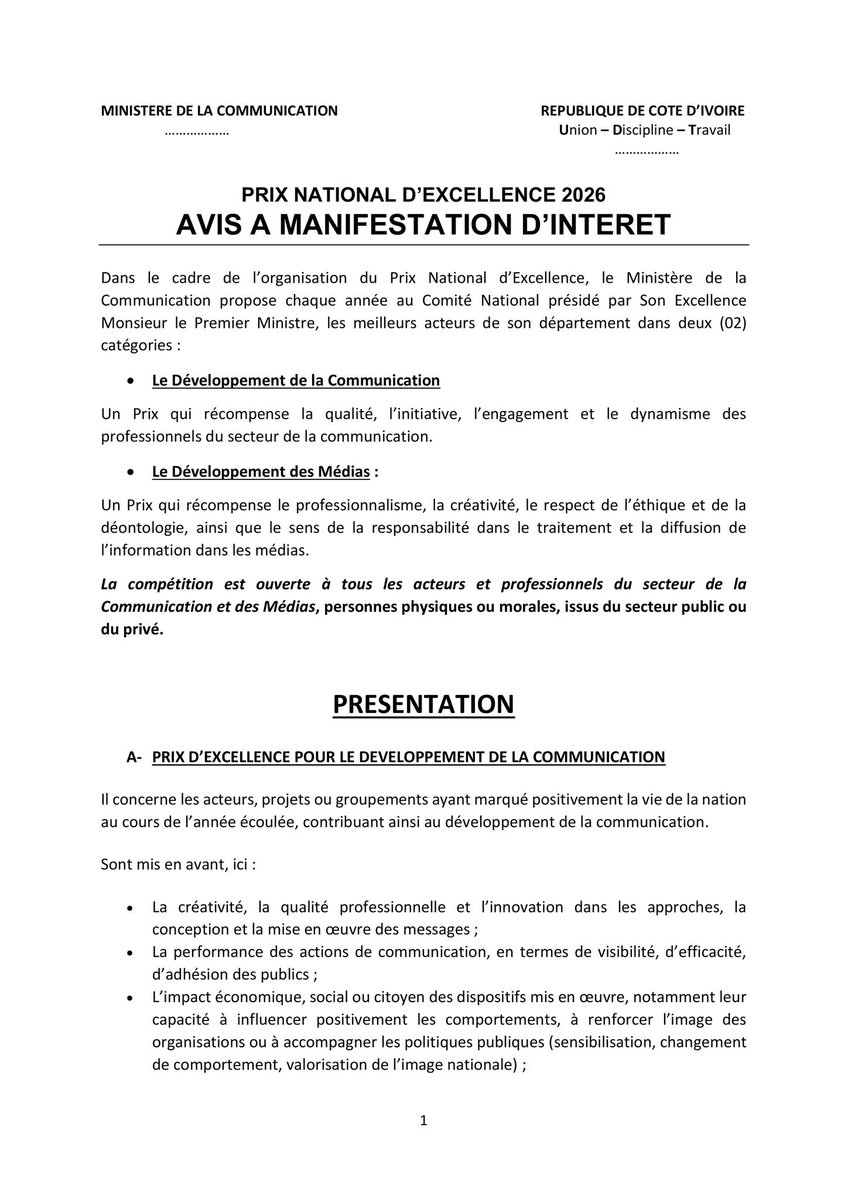 MINCOM_CI's tweet image. 𝐀𝐯𝐢𝐬 𝐚̀ 𝐦𝐚𝐧𝐢𝐟𝐞𝐬𝐭𝐚𝐭𝐢𝐨𝐧 𝐝’𝐢𝐧𝐭𝐞́𝐫𝐞̂𝐭
Dans le cadre de l’organisation du Prix National d’Excellence 2026, le Ministère de la Communication lance un appel à manifestation d’intérêt à l’endroit des acteurs du secteur.
#PNE2026 #Excellence #Communication