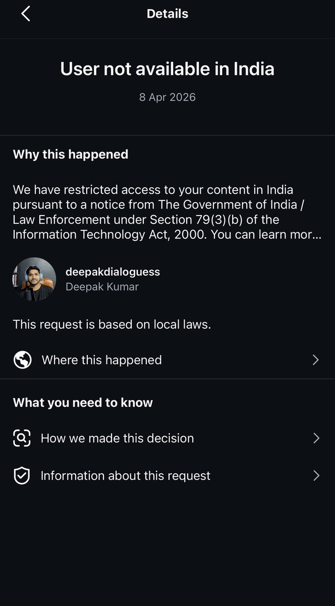 deepakdialogues's tweet photo. My Instagram page (Deepak Dialoguess) with 161K followers & 30M reach has been banned in India without any clear reason or explanation.  

Requesting @MIB_India & @GoI_MeitY to look into this and ensure transparency.  

Why was my account suspended without any stated violation? This impacts digital freedom & creators’ voices.
