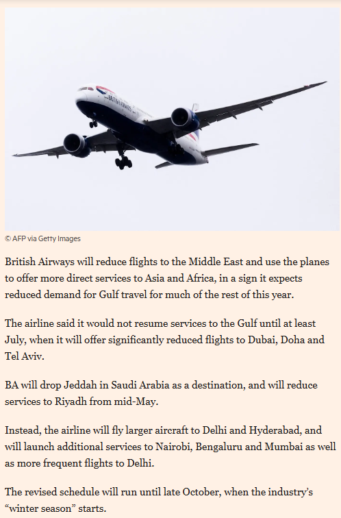 Petercampbell1's tweet photo. BREAKING: BA will significantly cut Gulf services for the rest of the season even once it restarts (in July)

✈️Dubai: 3-1
✈️Doha: 2-1
✈️Tel Aviv: 2-1
✈️Riyadh: 2-1

It will use freed-up aircraft to add direct flights to Asia &amp; Africa.

More details on: https://t.co/xuOSLAGb6W? https://t.co/xHBsWoIKxH