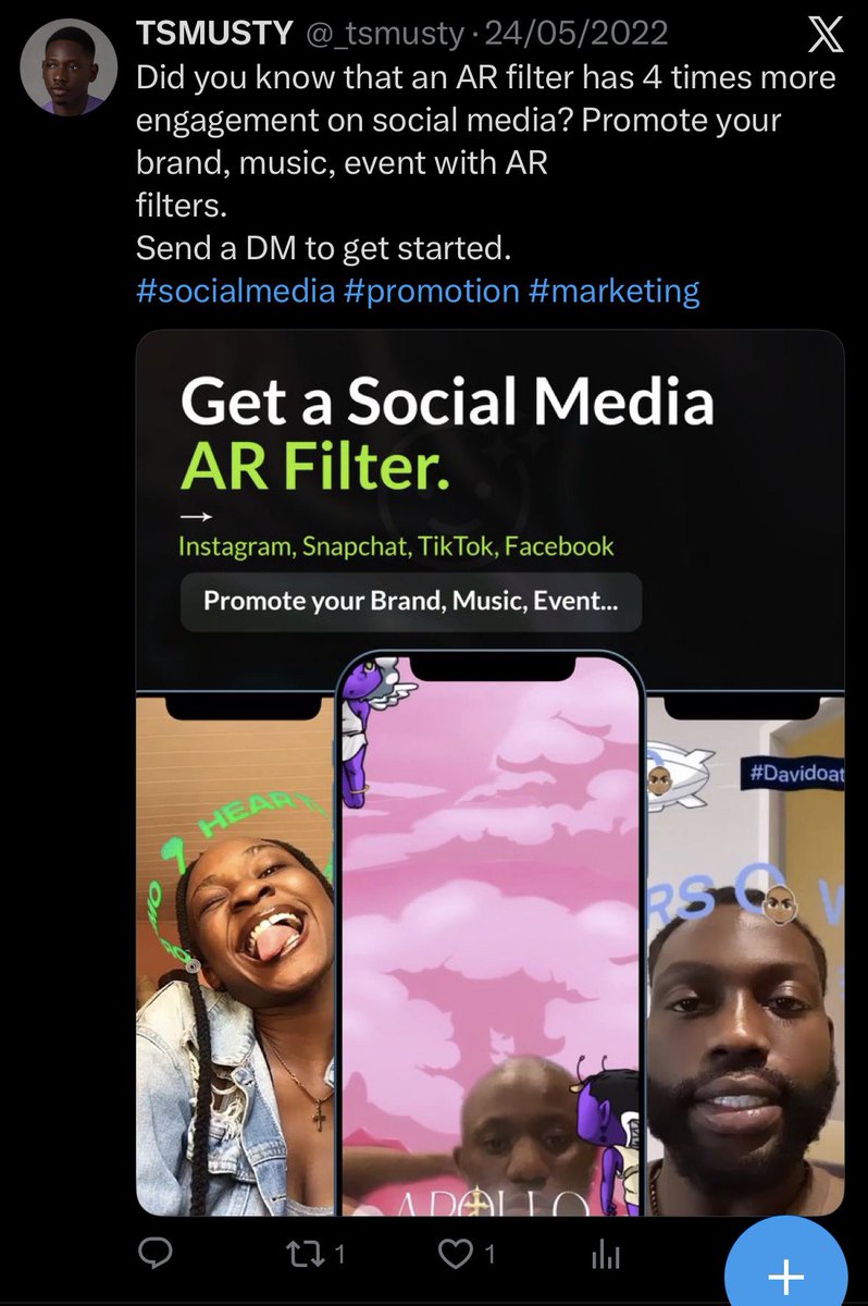 _tsmusty's tweet photo. This was me years ago, I used to design filters for brands and artists on Snapchat and Instagram.

Those platforms never payed even when your filter went viral mostly because it’s not supported in Nigeria. You see with vue enhh… https://t.co/6EMpQIaMEj