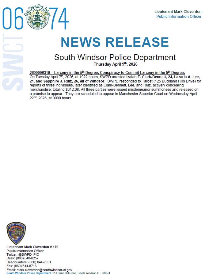 South Windsor Police Department PIO tweet media