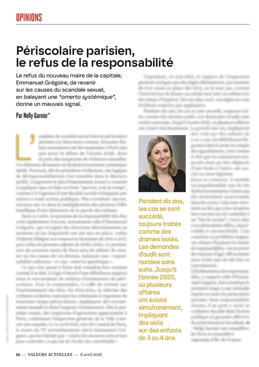 Les viols dans le #périscolaire parisien ne sont pas un fait de société. Ils sont la conséquence d'une défaillance majeure dans le recrutement et le contrôle. La question de la responsabilité des élus en charge de cette politique ne peut pas être éludée.

⤵️Ma tribune