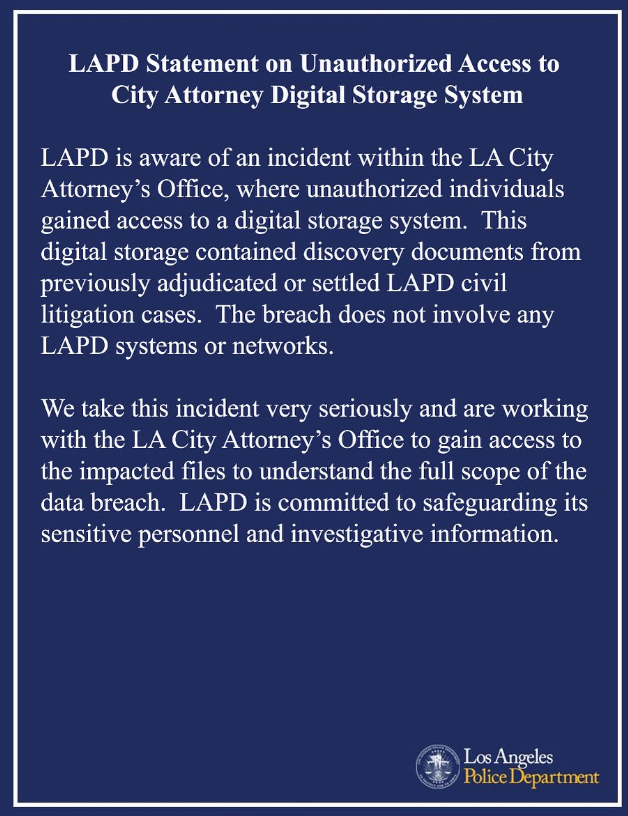 _venarixES_'s tweet image. Los Angeles Police Department #LAPD 🇺🇸 (@LAPDHQ) confirma acceso no autorizado al sistema de almacenamiento del City Attorney...
Monitorea este incidente en #VenariX ➡️ venarix.com
#CyberSec #InfoSec #LosAngeles #California #USA