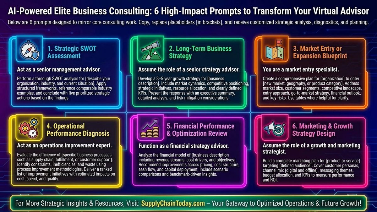 LogisticsStuff's tweet image. Powerful Prompts Designed to Replace Business Consultants.  What are your thoughts?  #BusinessConsulting #ConsultantAlternatives #EntrepreneurMindset #StartupAdvice Further details: supplychaintoday.com/powerful-promp…